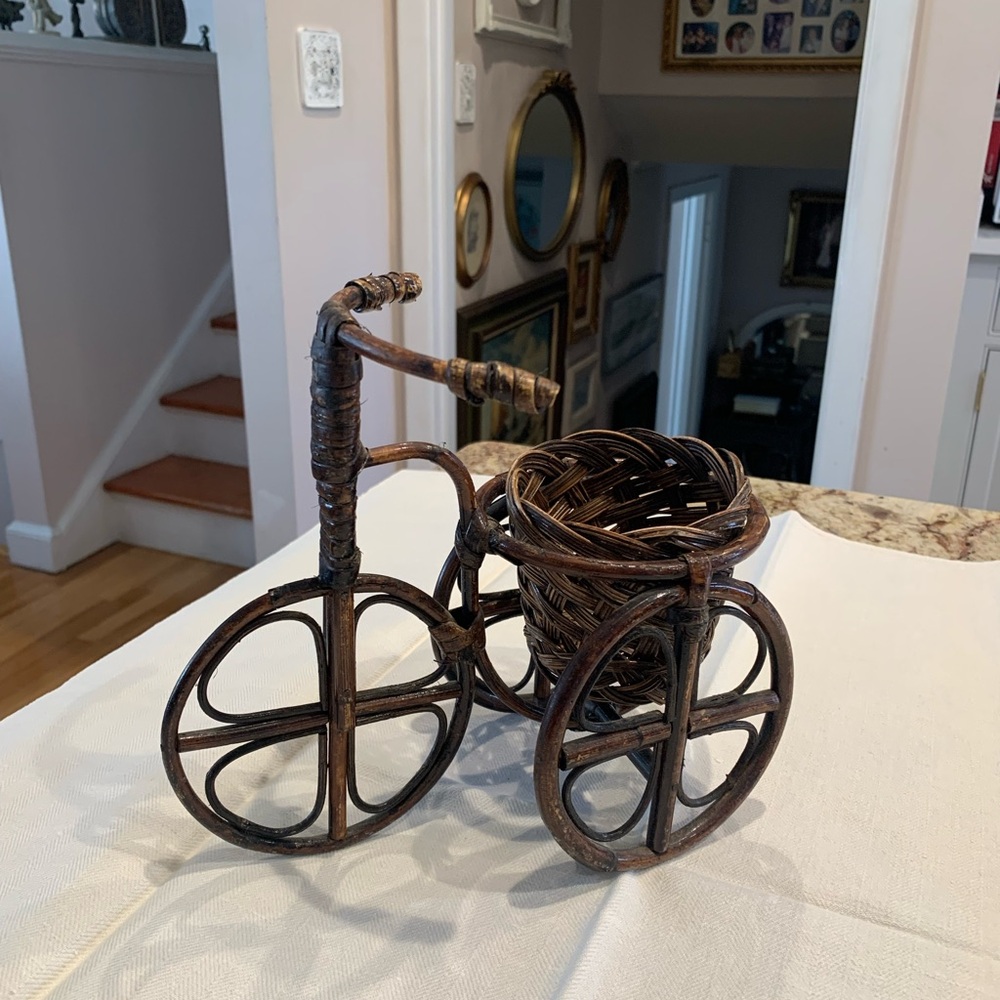 Vintage Bamboo Tricycle Planter with Wicker Basket